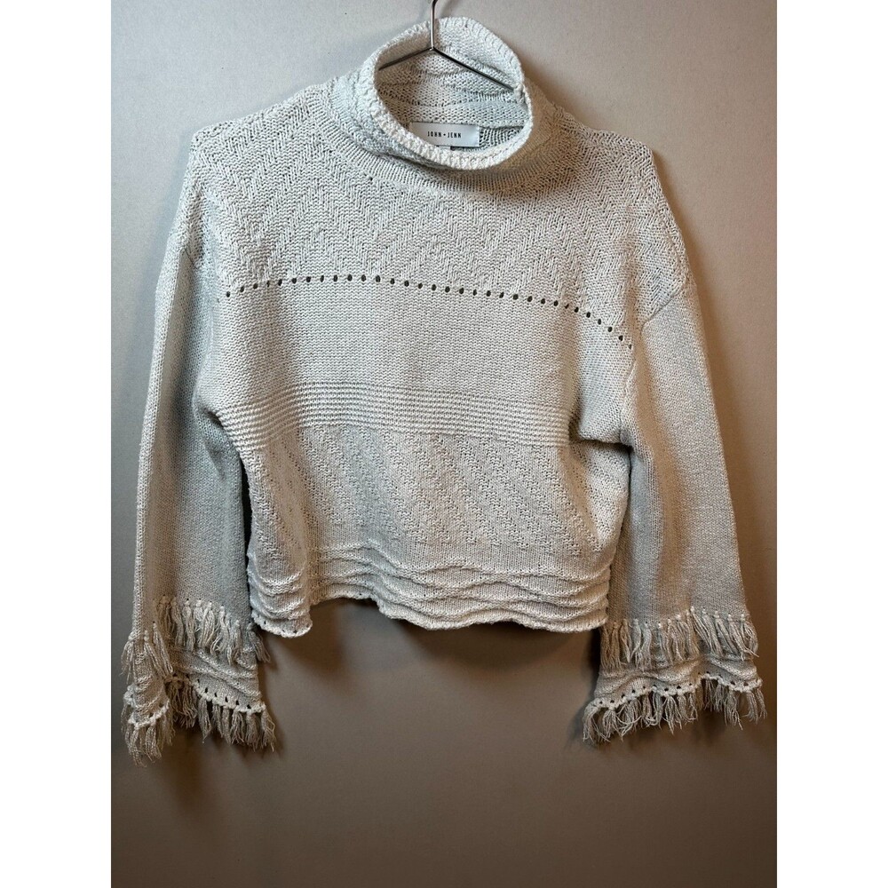 John + Jenn Sweater Womens S Cream Cable Knit Fringe Mock Neck Boho Cozy Hippie
